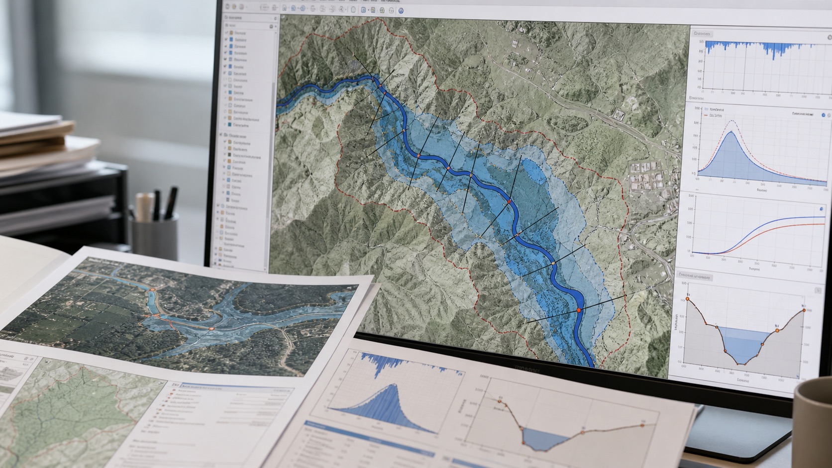 Flood and hydrology modelling workflow illustration